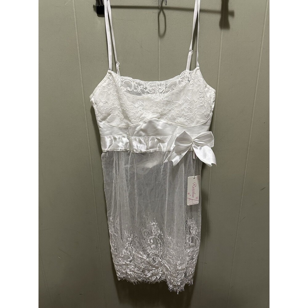 Ruzishun Lingerie Women’s Sz Large Babydoll White Lace Big Bow Back Tie Chemise